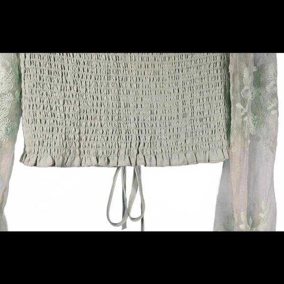 Chic Mint Green Smocked Crop Top with Sheer Sleeves Size Medium - Picture 3 of 8